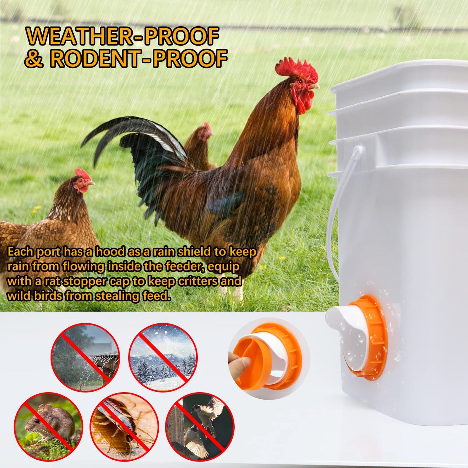 Automatic Poultry Feeder Kit with Stopper No Waste  Weather Resistant 4 Ports-1 Hole Saw Reusable for Buckets Barrels  Bins(6 Feeders)