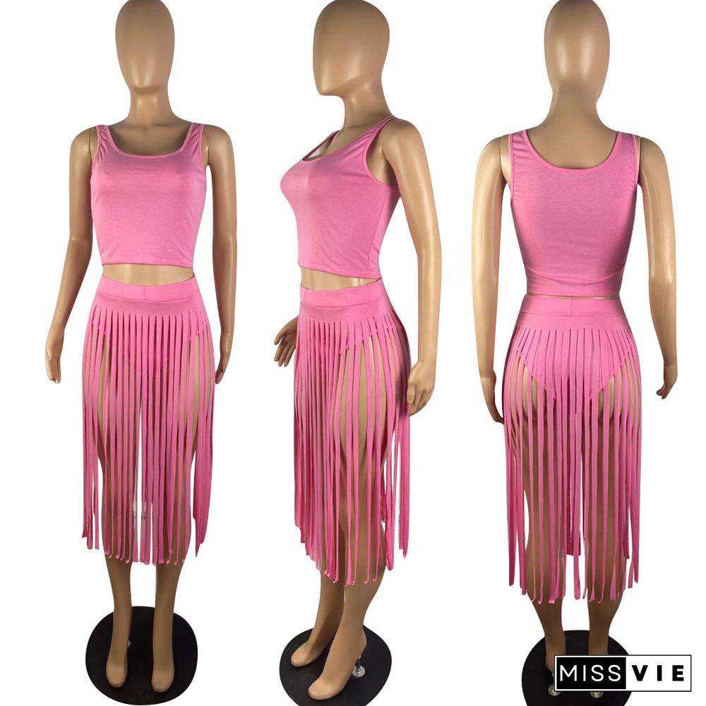 Solid Sleeveless O-neck Crop Tops Tassel Skirts 2 Piece Set