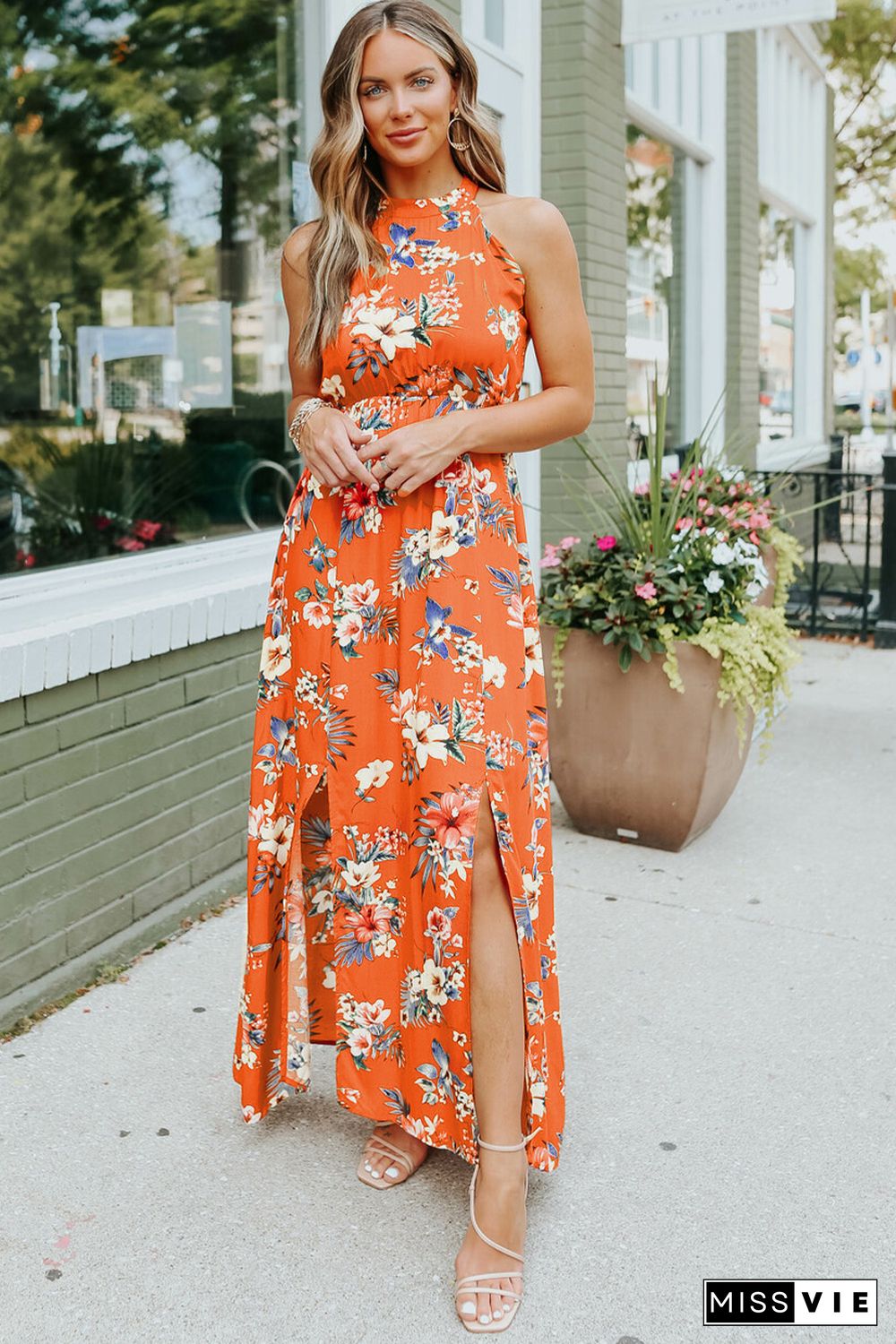 Orange Halter Neck Sleeveless Floral Dress with Slits