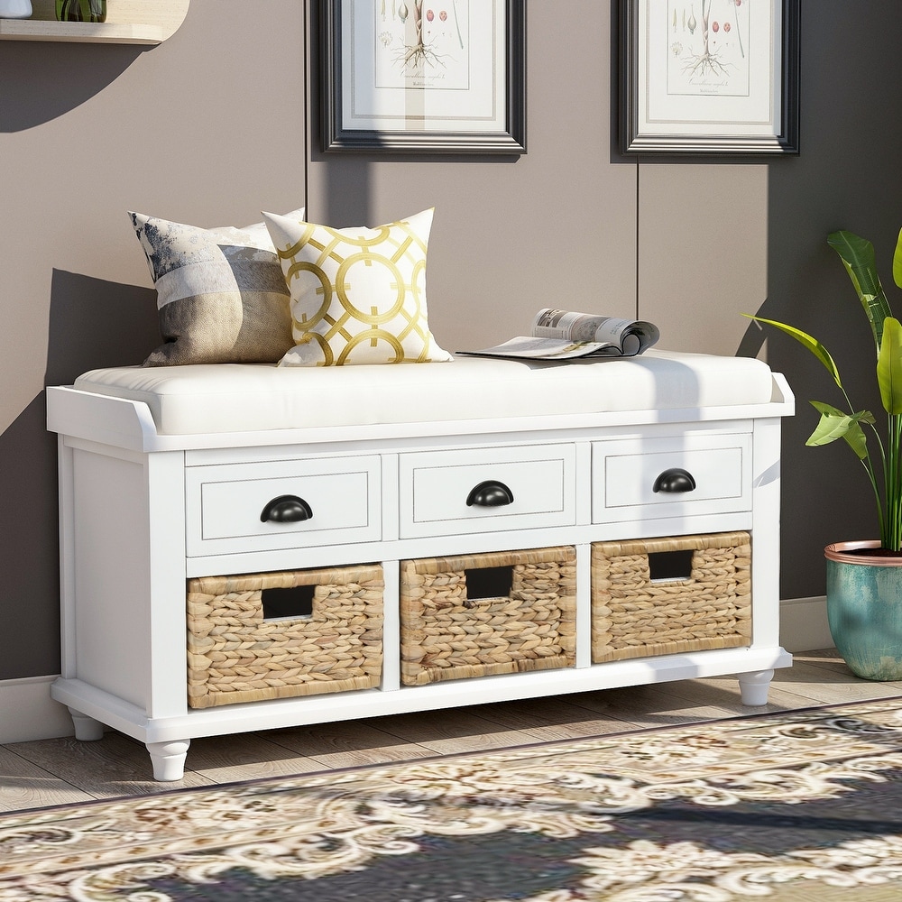 Storage Bench with Drawers and Rattan Baskets Entryway Shoe Bench