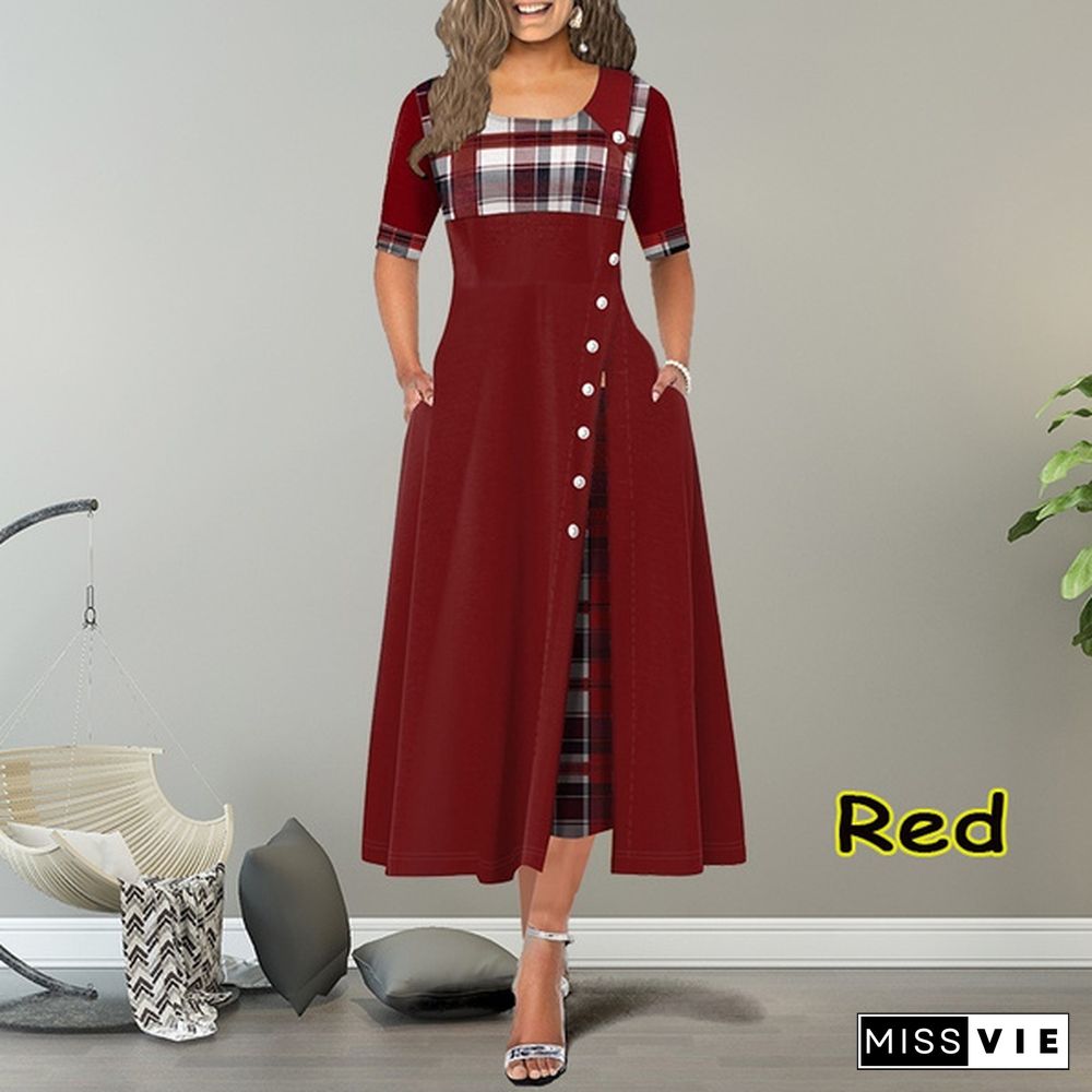 New Women Short Sleeve Plaid Print Elegant Dress Comfy Round Neck High Waist Long Skirt Retro Button Design Maxi Dress Daily Casual Dress Plus Size