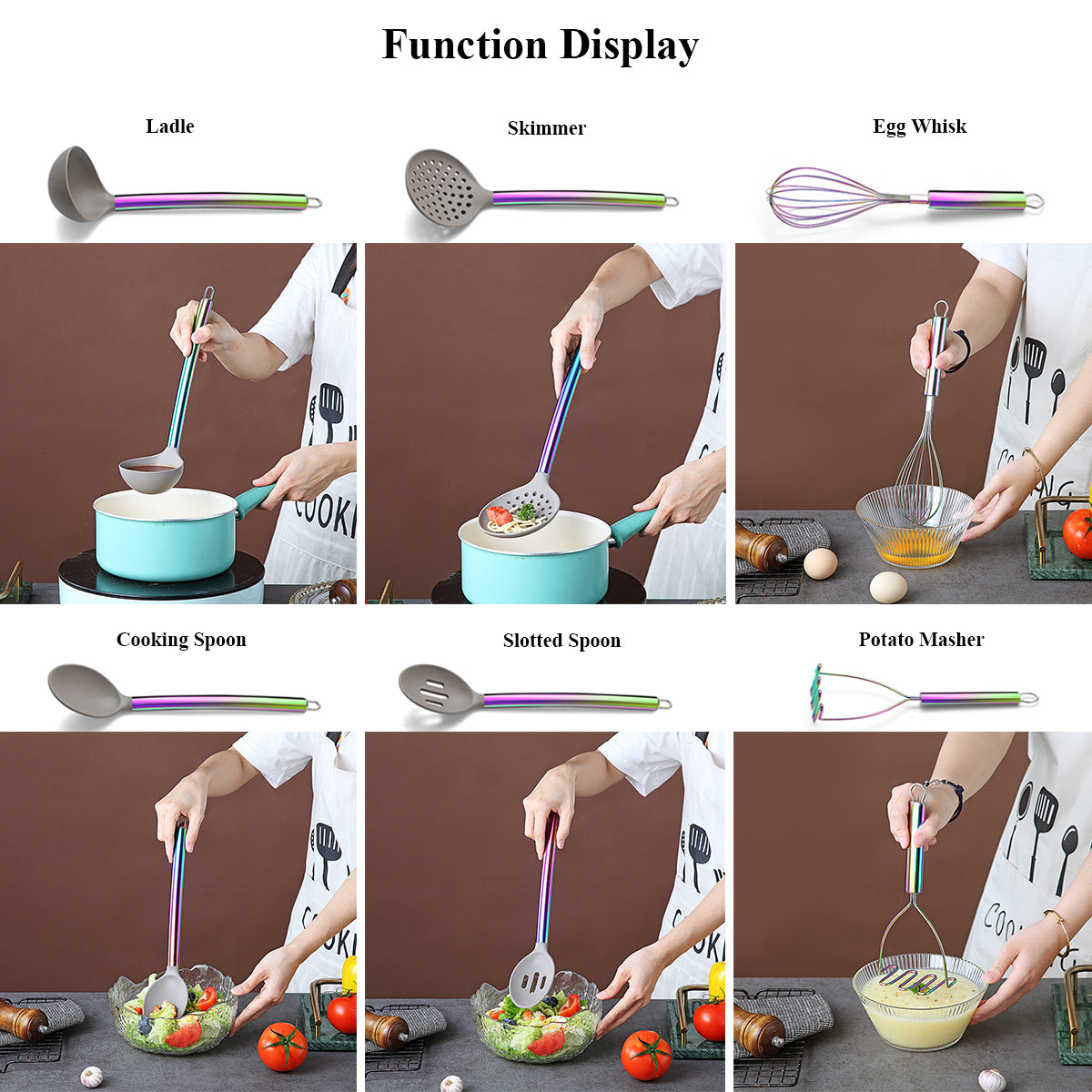 Just Houseware 38pcs Rainbow Silicone kitchen Cooking Utensils Set with Utensil Crocks, Silicone Head and Stainless Steel Handle Non-Stick Cookware, Kitchen Tools