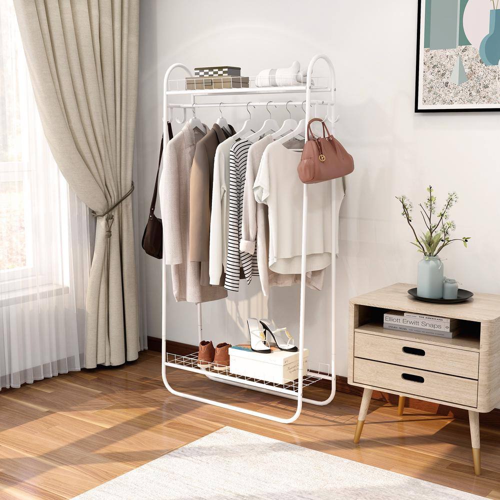 White Garment Rack Freestanding Hanger Double Rods Multi-functional Bedroom Clothing Rack LJ322GR-W