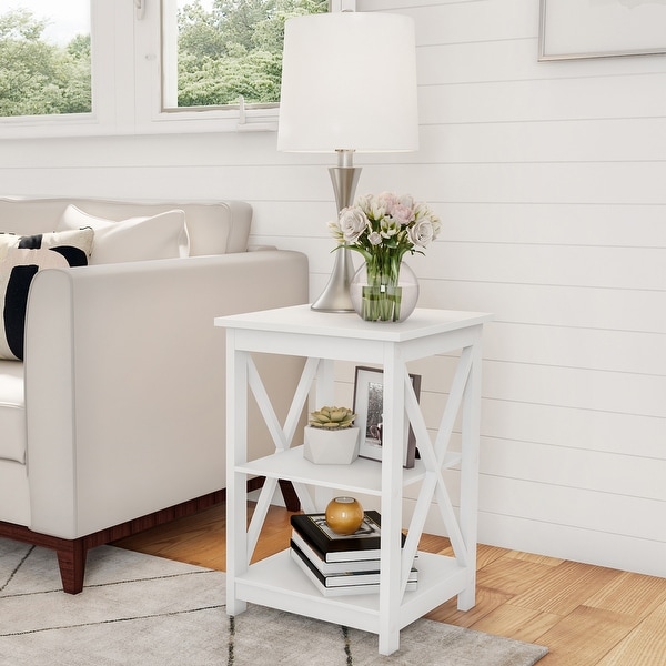 Wooden End Table - Modern Style Sofa Side Table with X-Leg Design and Two Shelves?by Lavish Home (White)