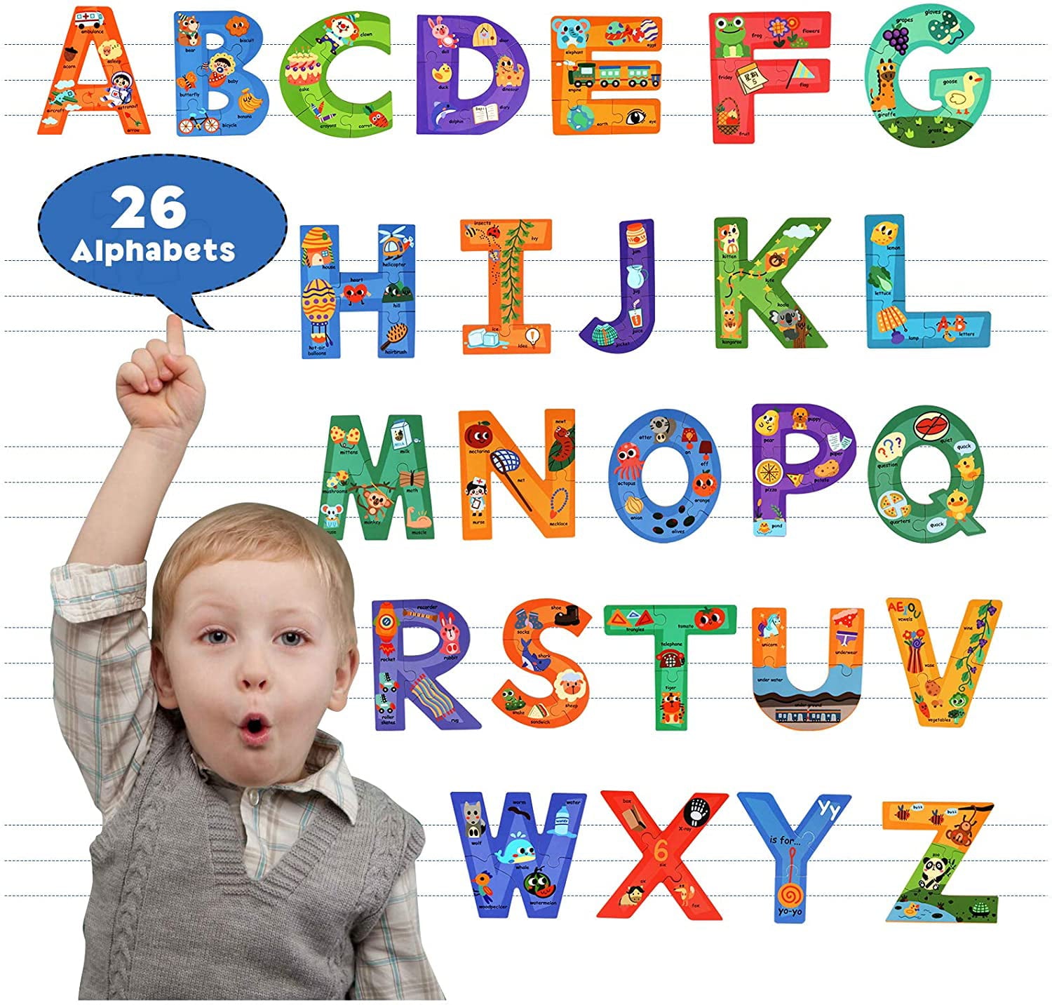 SYNARRY Wooden Alphabet Puzzles for Kids Ages 3-5， ABC Learning for Toddlers Ages 3+， Sight Words Letter Puzzles Montessori Toys Educational STEM for Preschool Boys Girls