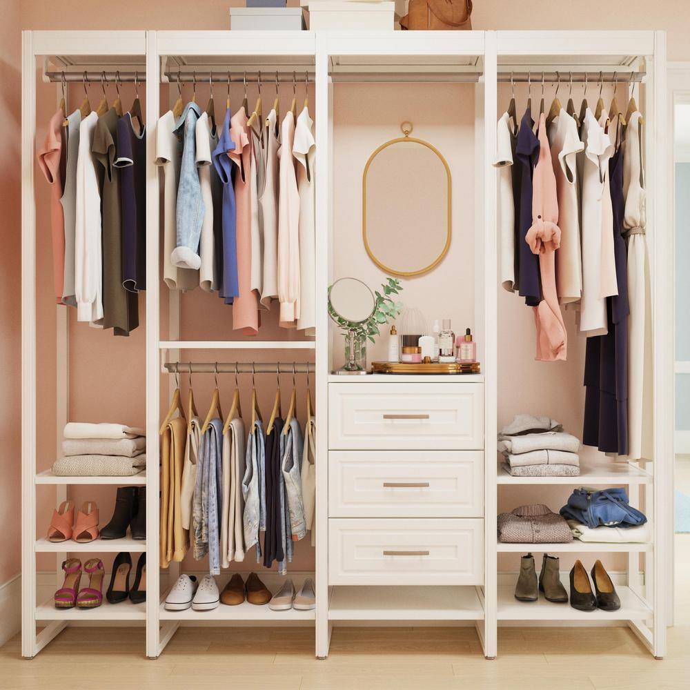 CLOSETS By LIBERTY 84 in. W White Adjustable Wood Closet System with 10-Shelves 5-Rods and 3-Drawers HS4754-RW-07