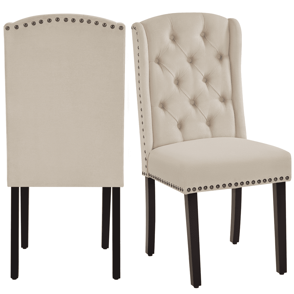 Topeakmart Set of 2 Upholstered Tufted Dining Chairs with Wood Legs for Dining Room， Beige