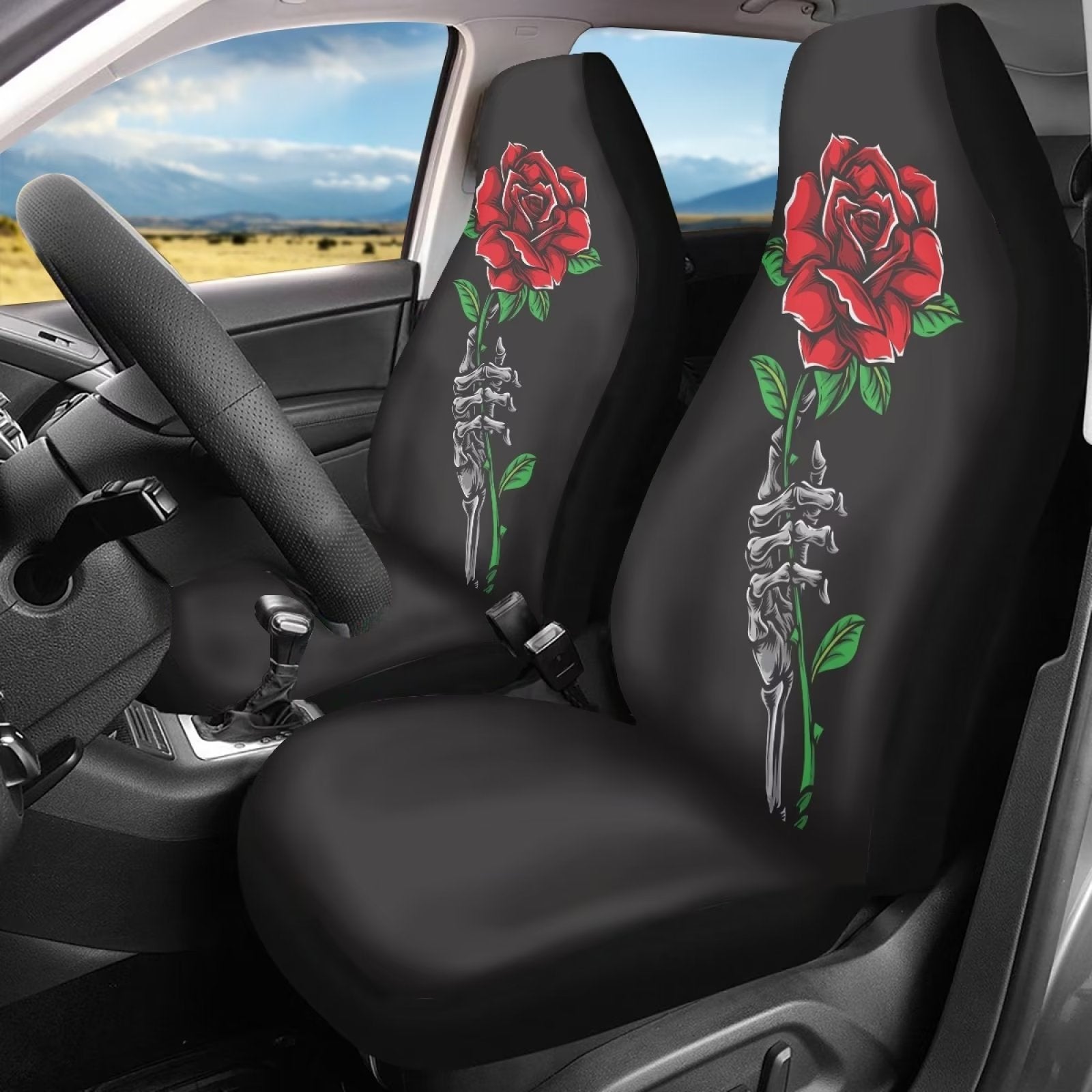 FKELYI Skull Fingers with Red Rose Front Car Seat Coves for Women Men，2 Pcs，Universal for Auto Cars，Stretchy+Anti-Skid Car Front Driving Seat Cushions Protector Covers