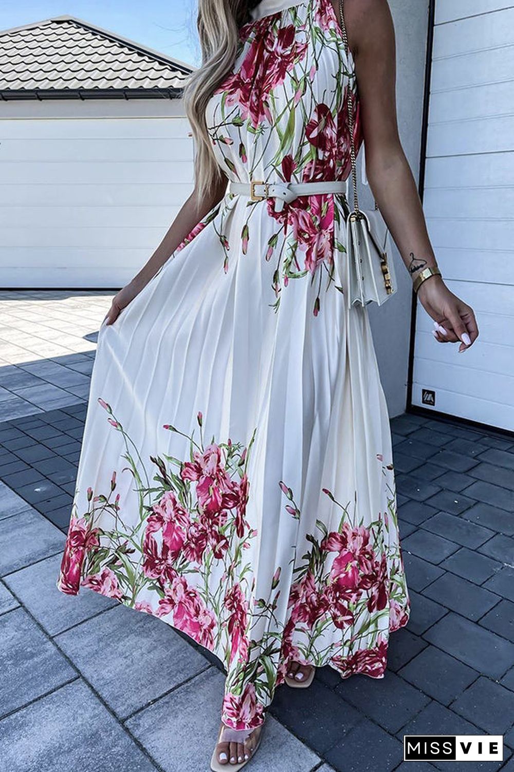 Life In Floral Pleated Halter Neck Maxi Dress