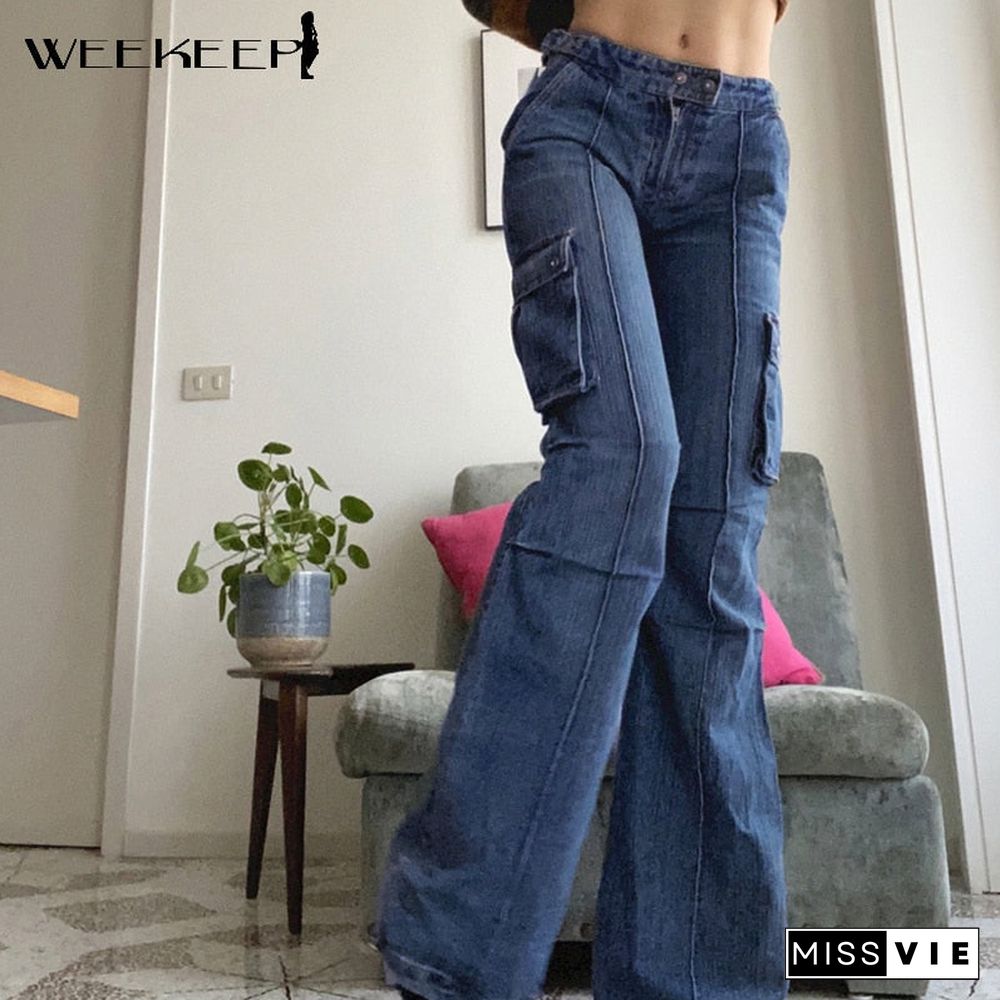 Weekeep Pocket Patchwork Cargo Jeans Women Streetwear Vintage Baggy Flared Denim Pants Autumn Harajuku Korean 90s Fashion Casual