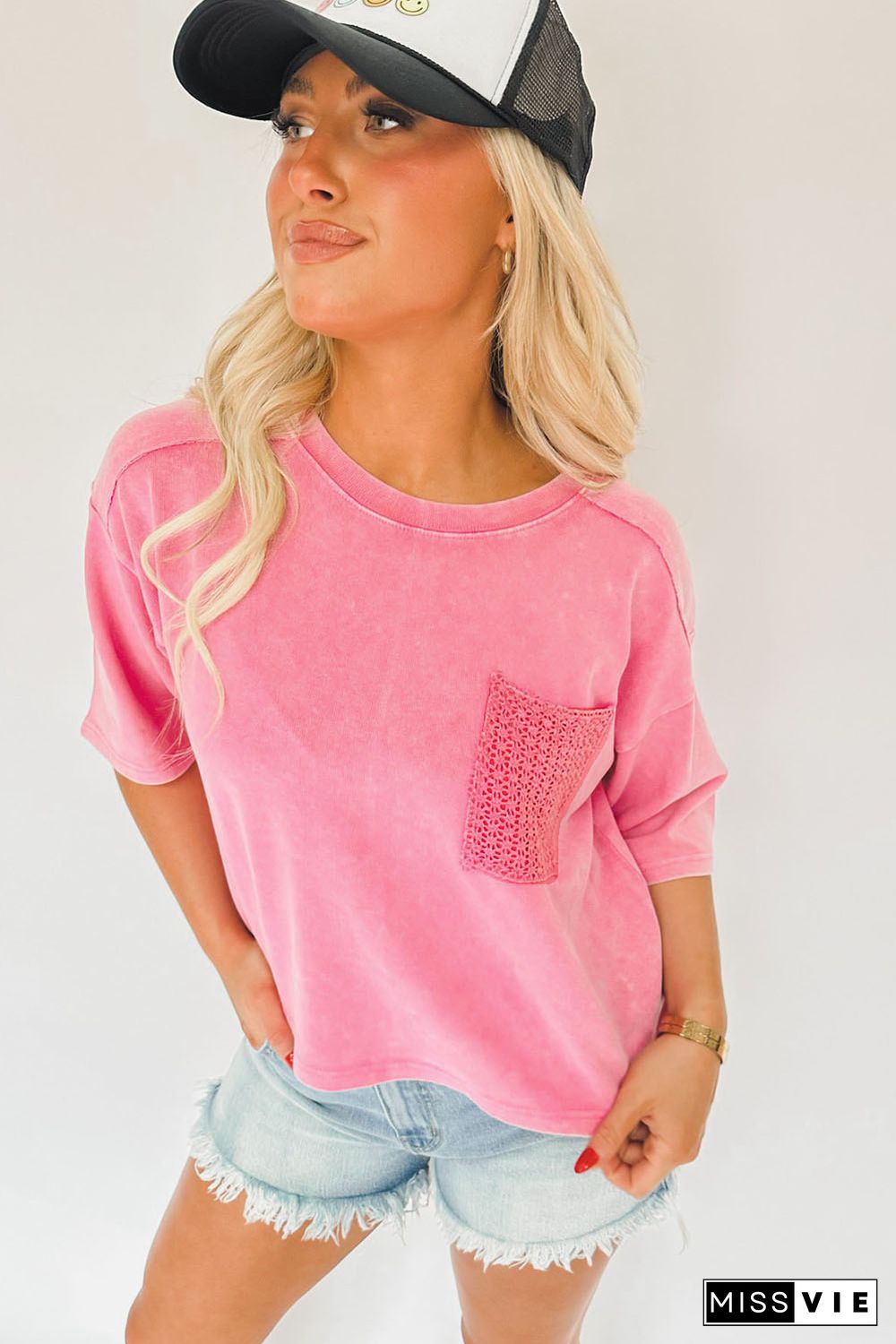 Pink Acid Wash Lace Patch Pocket T-Shirt