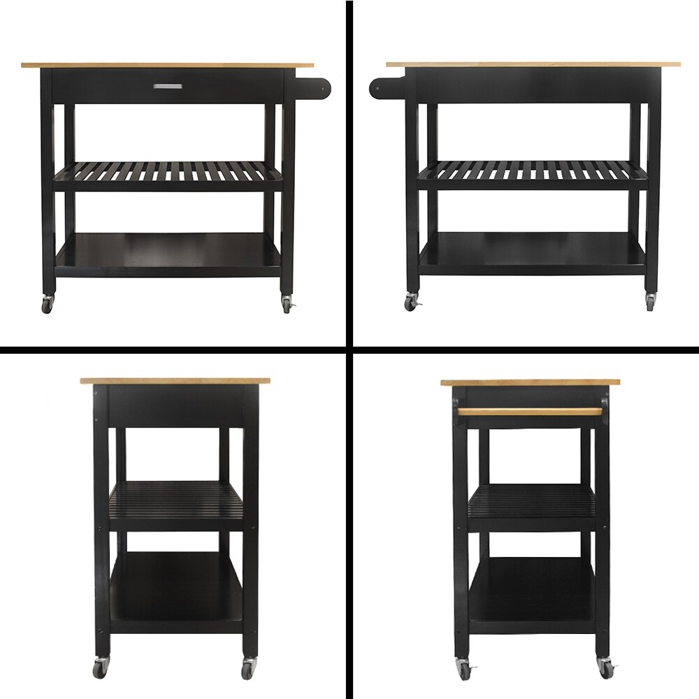 Black Rolling Kitchen Island Cart with Towel Rack/Handles  Sideboards