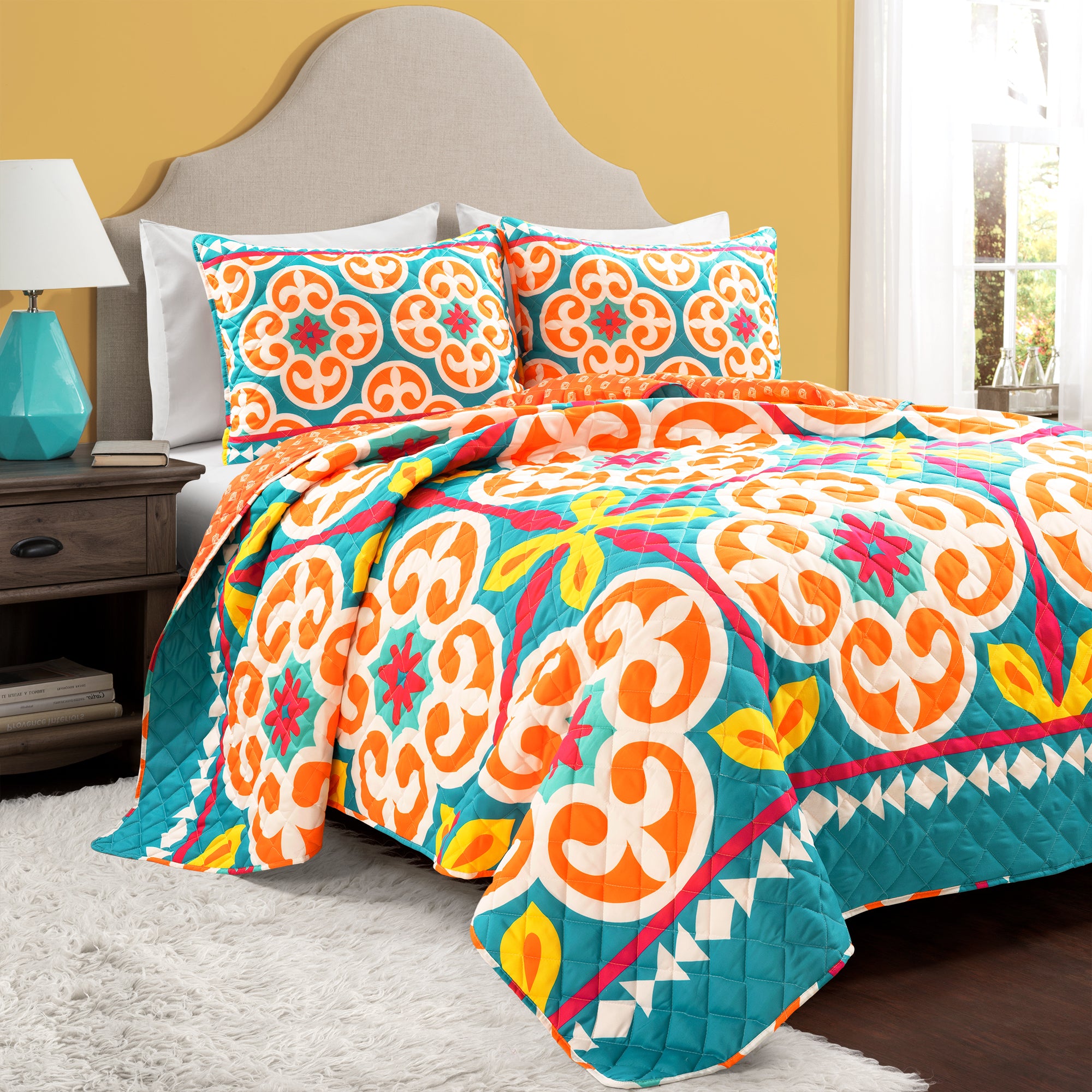 Bedding Bundle: Boho Floral Quilt Set + Crinkle Textured Dobby Comforter Set