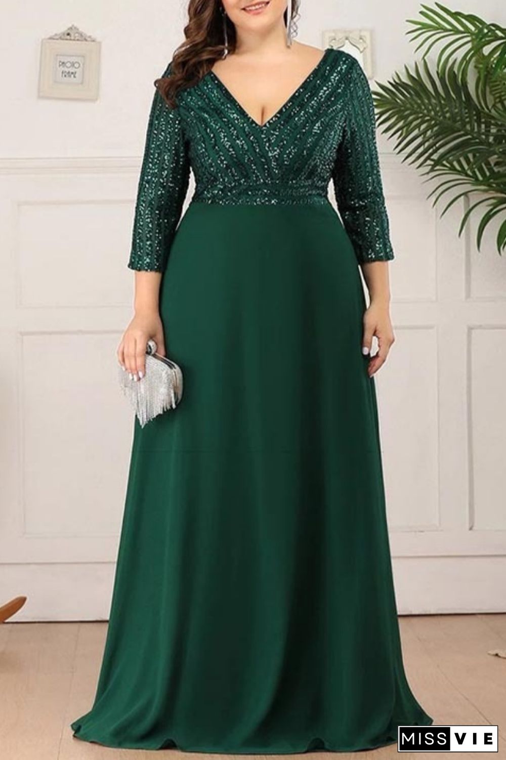 Sexy Formal Solid Sequins Patchwork V Neck Evening Dress Plus Size Dresses