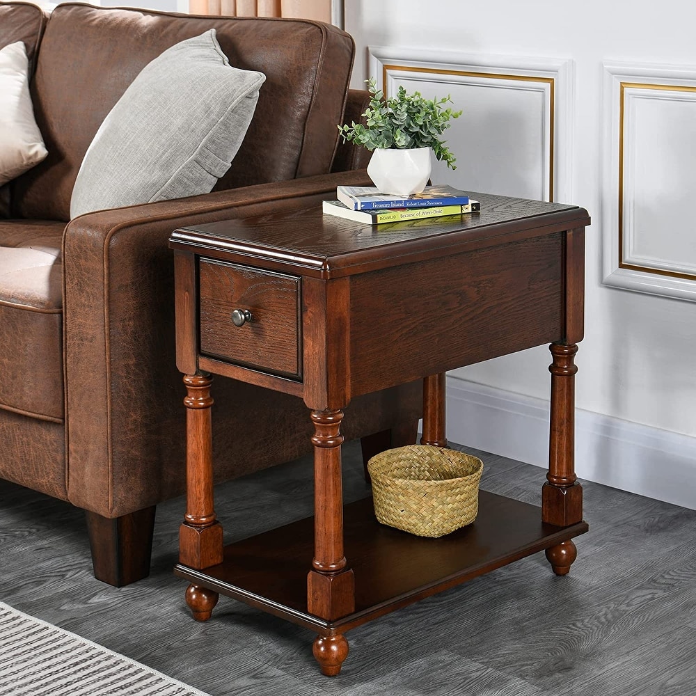 End Table with Drawer  Solid Wood 2 Tier End Side Table