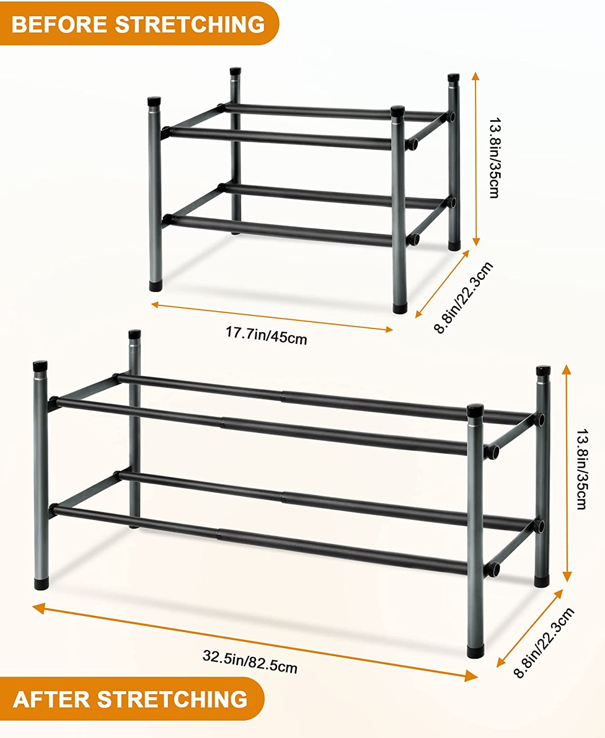 MULISOFT 2-Tier Expandable Shoe Rack， Stackable and Adjustable Shoe Rack Organizer， Sturdy and Durable Metal Shoe Storage Organizer， Vertical Shoe Rack for Closet/Entryway/Bedroom/Dorm/Doorway，1 Pack