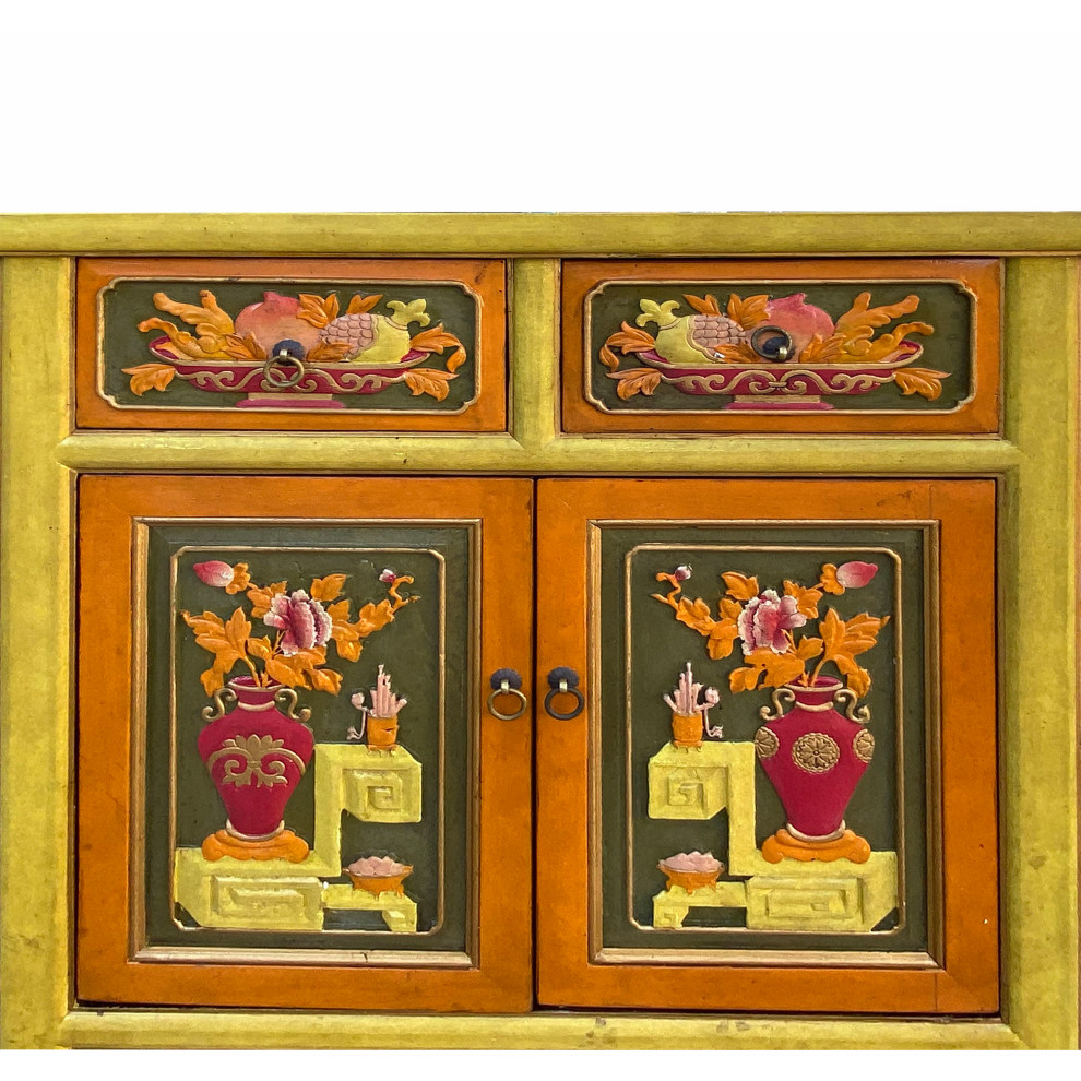 Chinese Distressed Mustard Yellow Orange Flower Carving Table Cabinet Hcs7111   Asian   Side Tables And End Tables   by Golden Lotus Antiques  Houzz