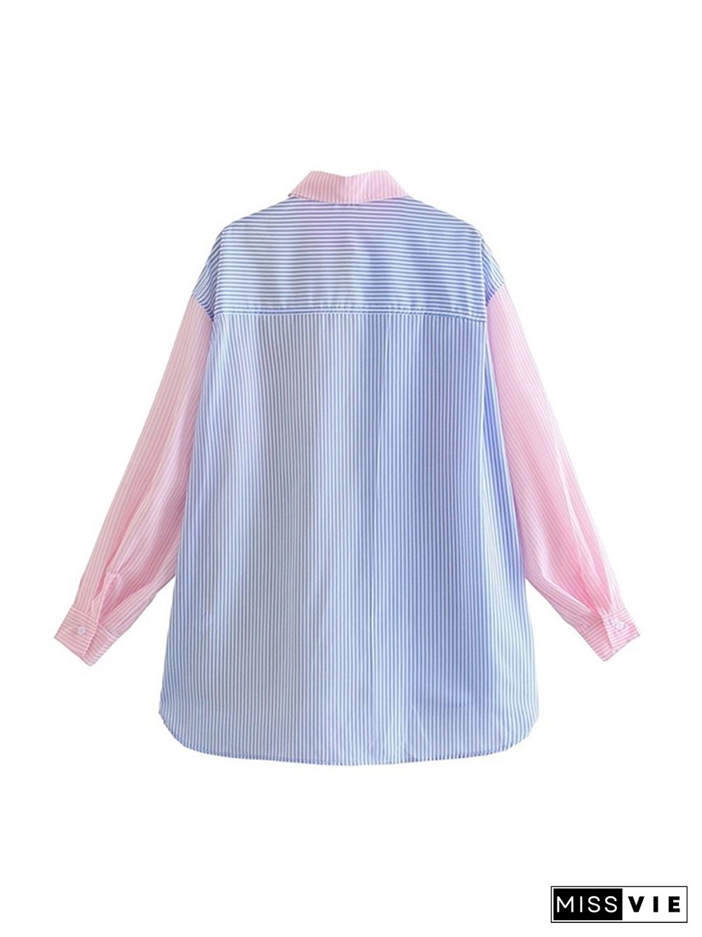 Colorful Pinstripe Splice Baggy Long Sleeve Blouse