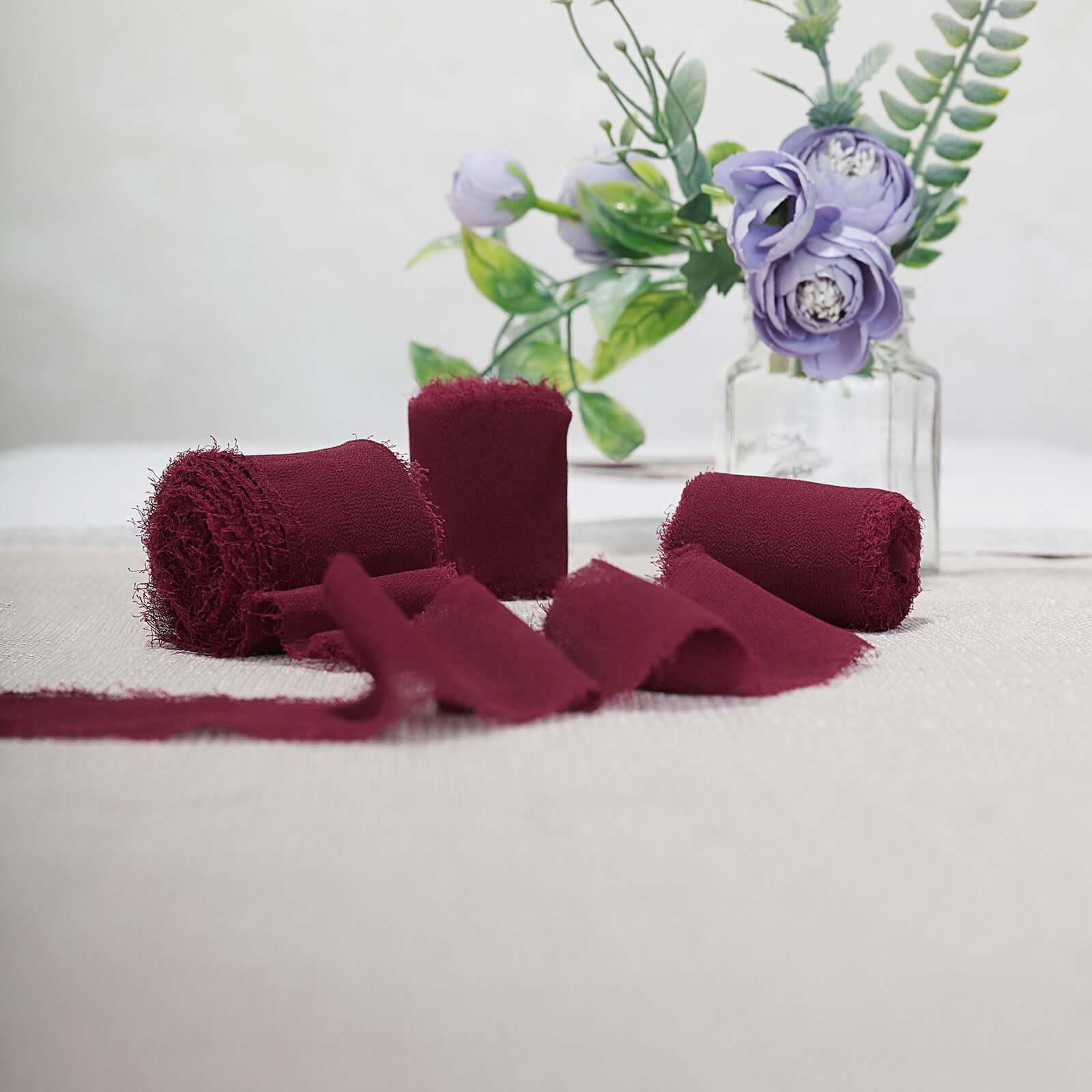 2 Pack Burgundy Silk-Like Chiffon Linen Ribbon Roll For Bouquets, Wedding Invitations Gift Wrapping 6yd