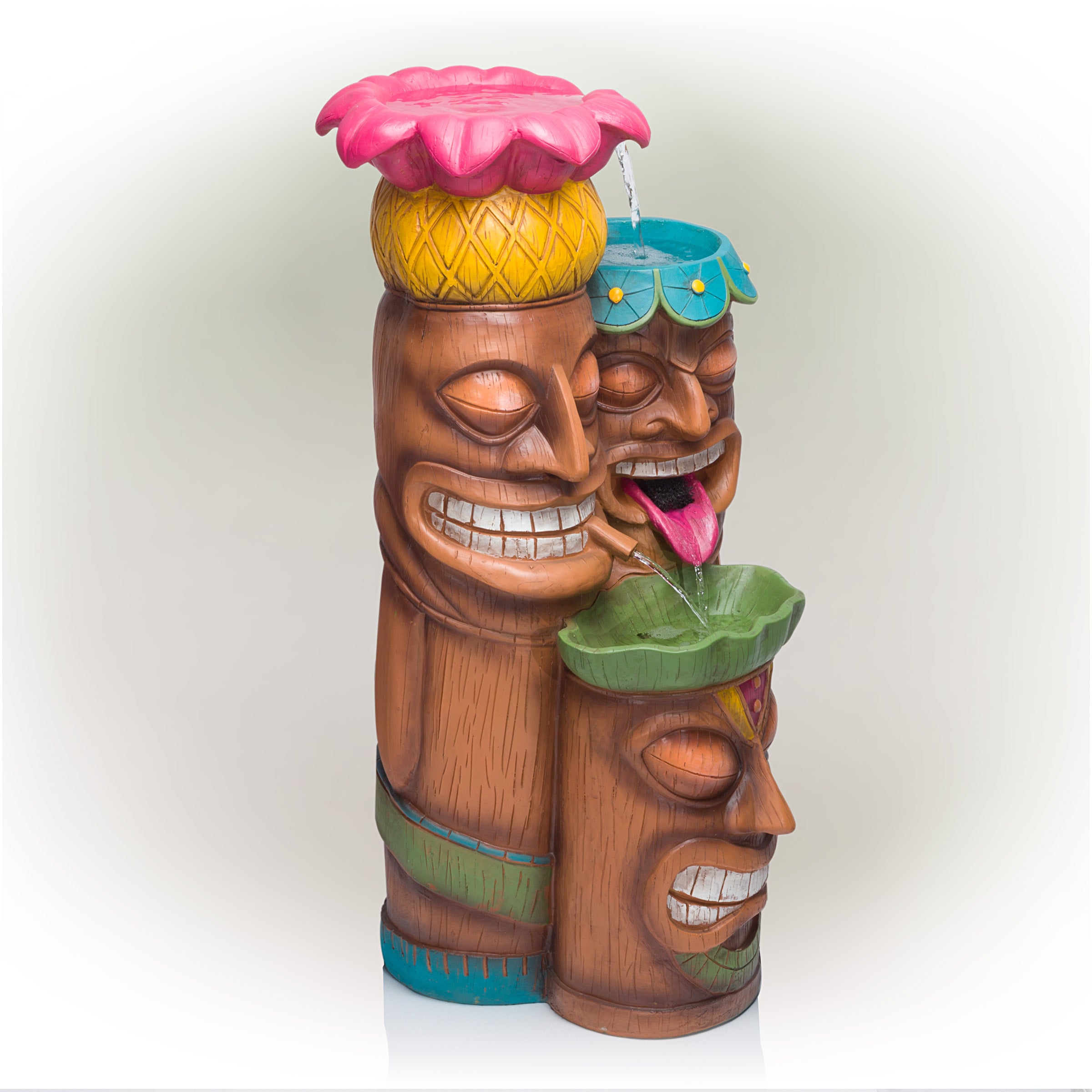 Alpine Outdoor Tiki Head Polyresin Electric Fountain with LED Light， 35 inch Tall