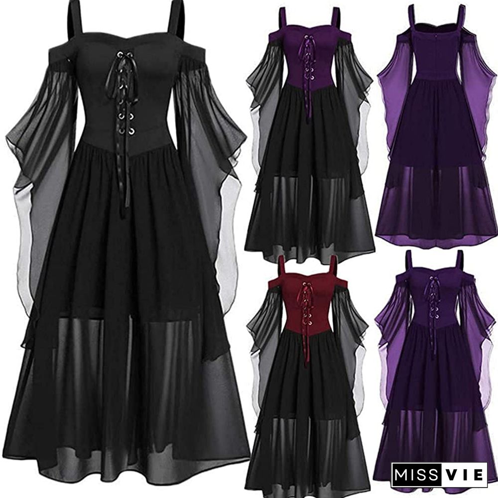 Women's Halloween Witch Cosplay Costumes Gothic Off Shoulder Lace-up Bandage Mesh Sheer A-line Long Cami Dress Party Wear