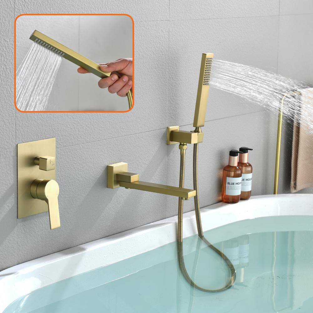 Miscool Forest Single-Handle Wall Mount Roman Tub Faucet with Swivel Tub Spout and Hand Shower in Brushed Gold SHSMDH10C030BGL