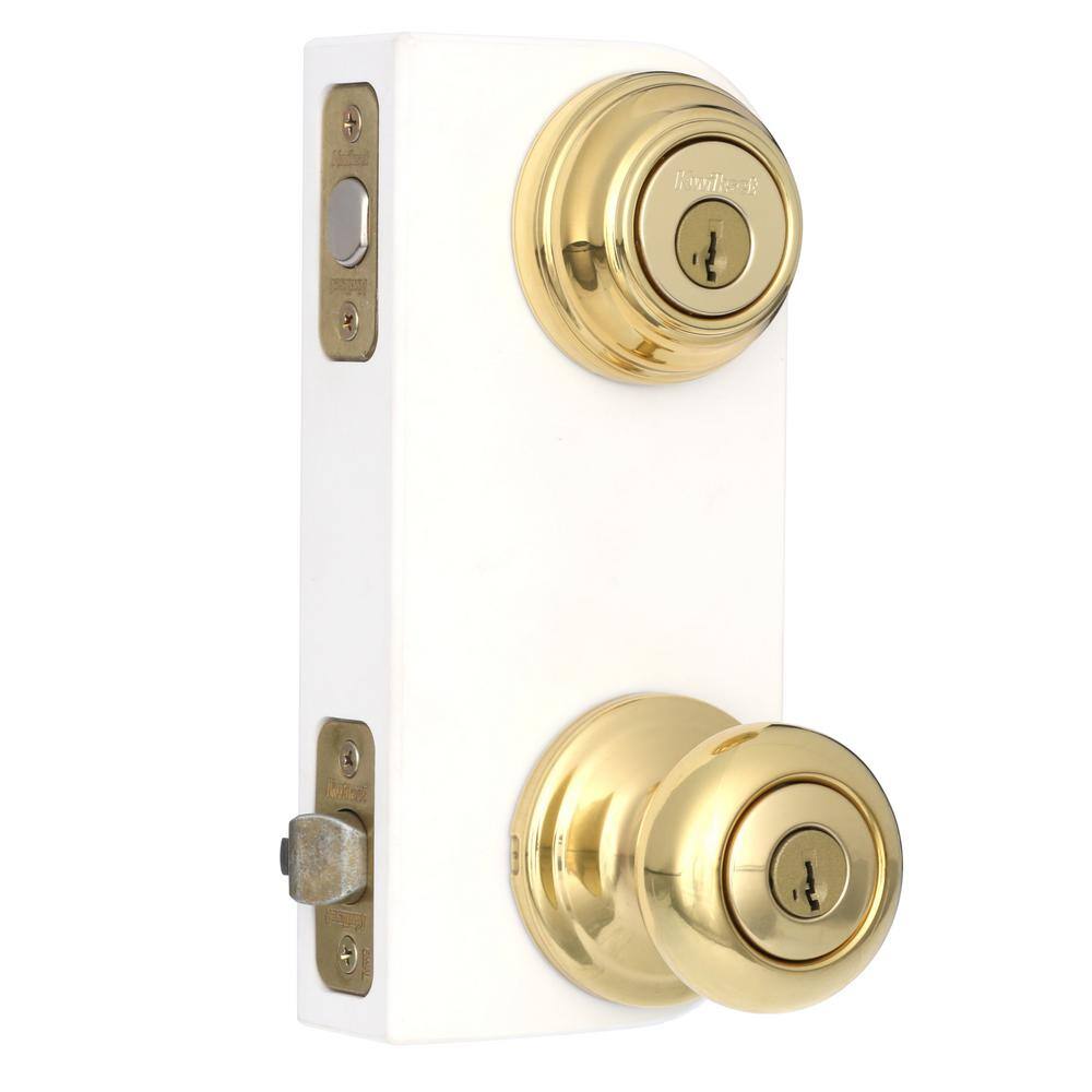 Kwikset Juno Polished Brass Exterior Entry Door Knob and Single Cylinder Deadbolt Combo Pack Featuring SmartKey Security 991J 3 SMT CP