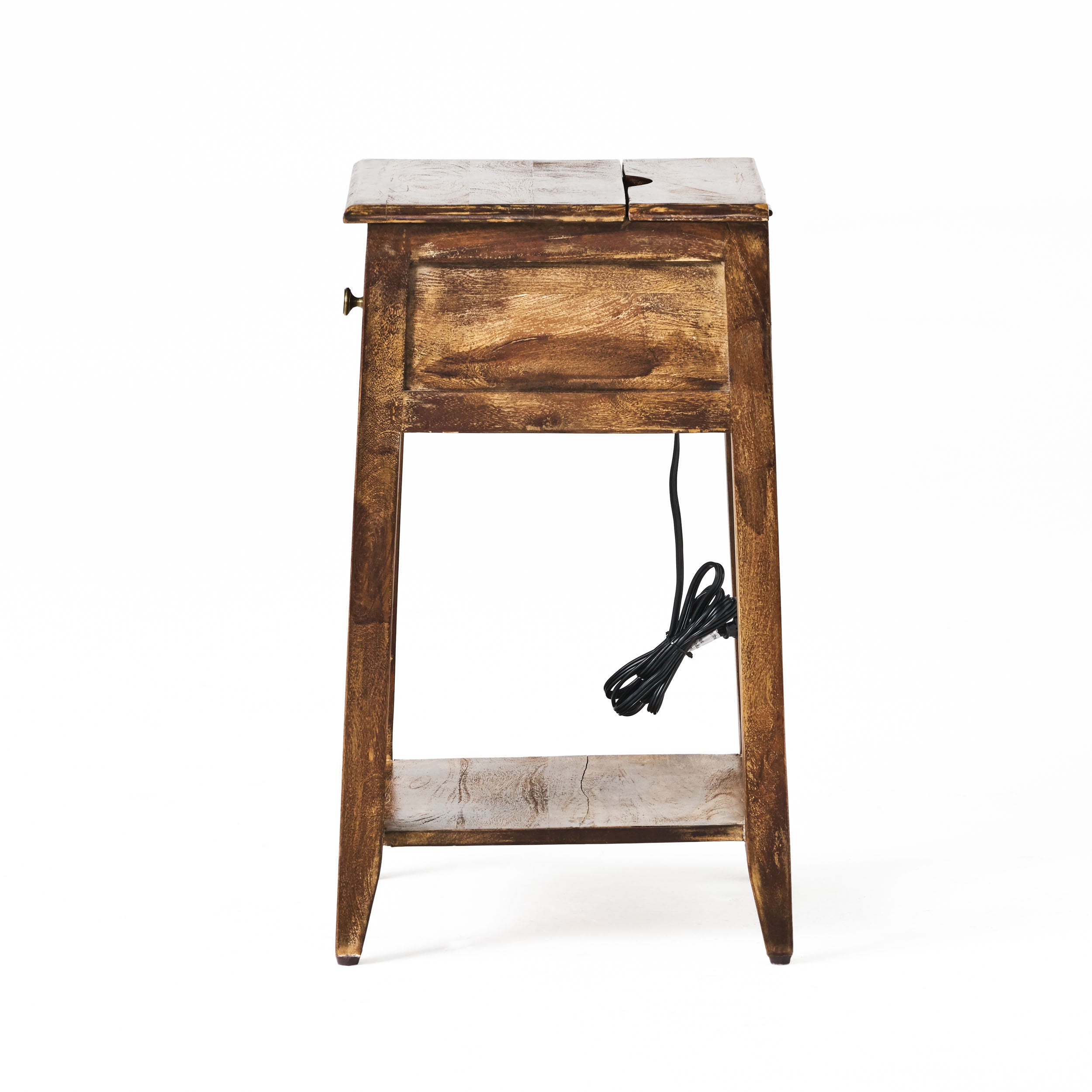 Kamin Rustic Handcrafted Mango Wood Side Table with Charging Port, Gray