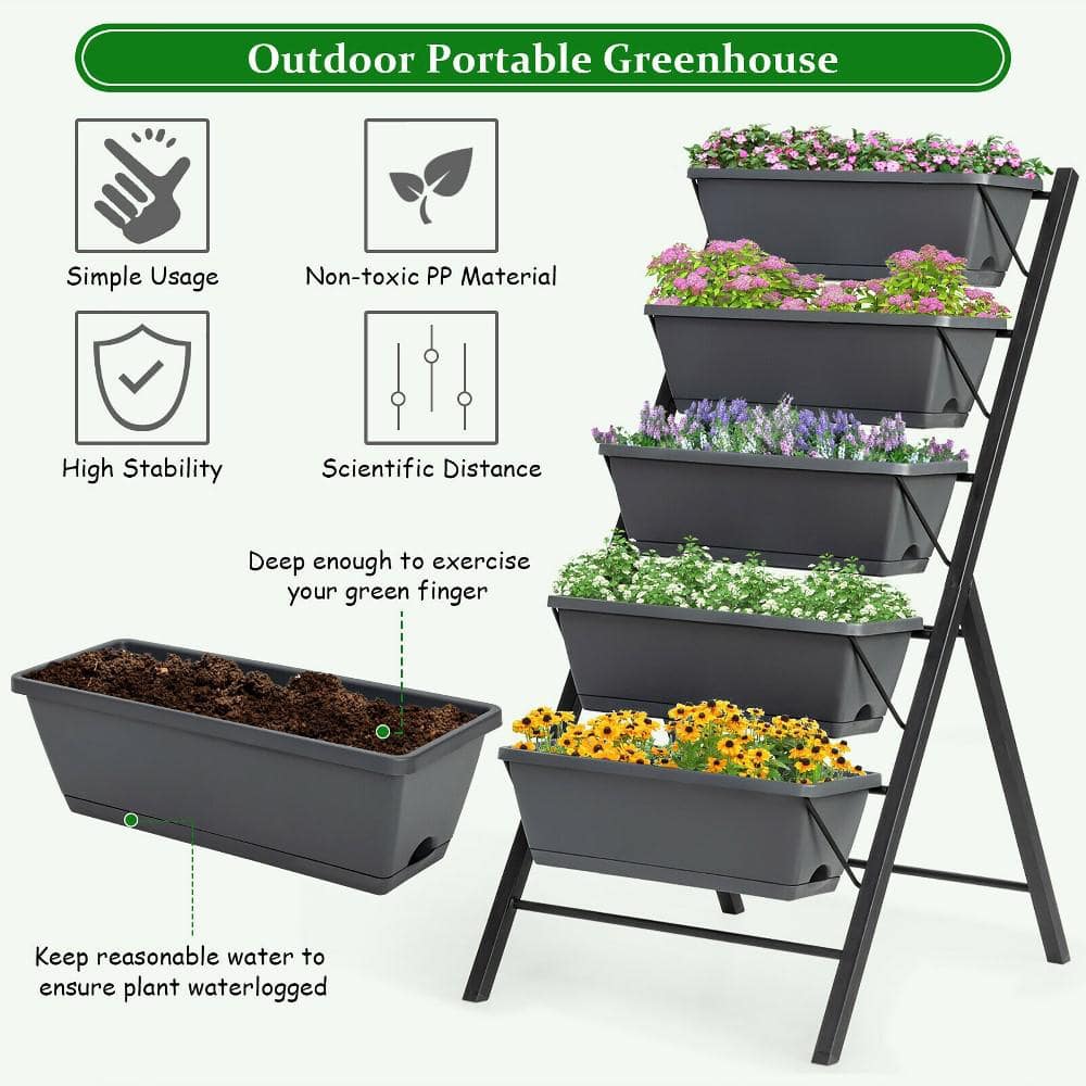 Costway 22.5 in. L x 27 in. W x 45 in. H Black Plastic Vertical Raised Bed 5-Tier GHM0188