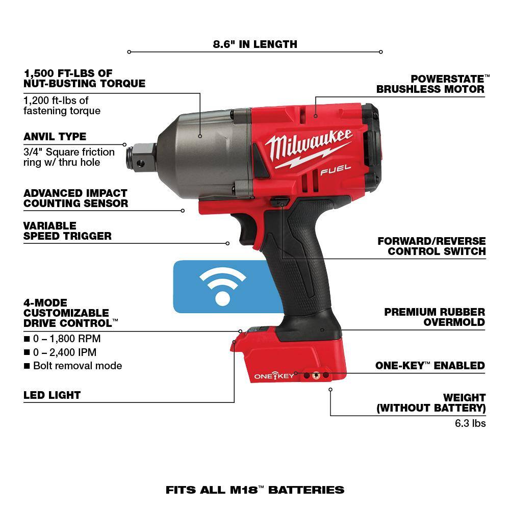 MW M18 FUEL 18V 12 in. Lithium-Ion Brushless Impact Wrench  ONE-KEY 34 in. Impact Wrench with (2) 6.0Ah Batteries 2767-20-2864-20-48-11-1862