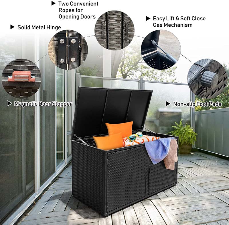 88 Gallon Patio Wicker Storage Box Rattan Deck Bench with Openable Door