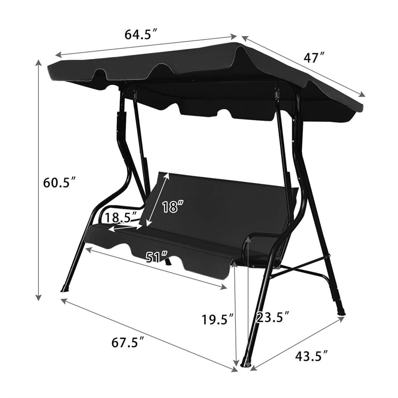 3-Person Cushioned Metal Outdoor Patio Porch Swing Chair Bench Glider with Adjustable Awing Canopy