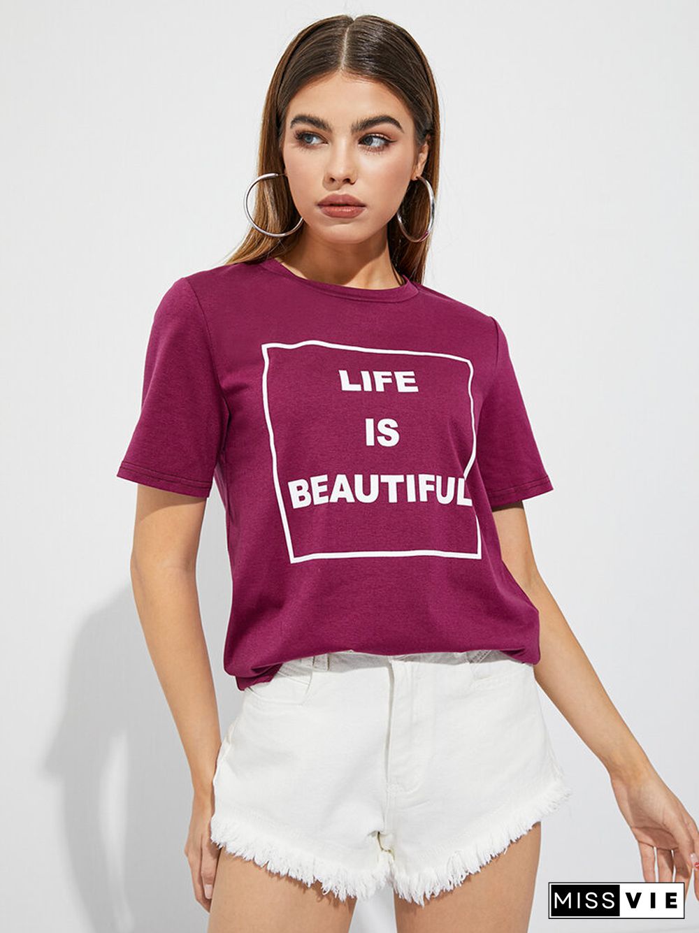 Slogan Print Short Sleeve Crew Neck Casual T-shirt