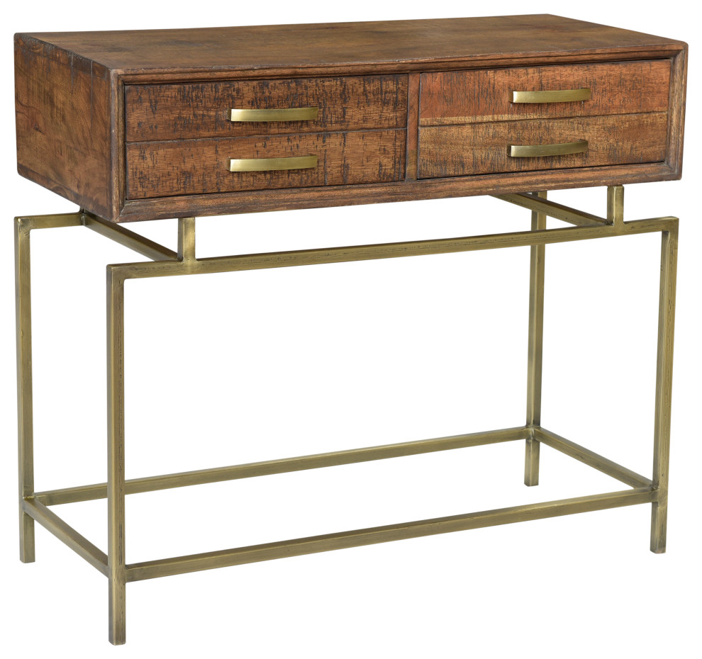 Goldbust Solid Wood Console Table in Natural with Brass Finished Iron Base   Contemporary   Console Tables   by HedgeApple  Houzz