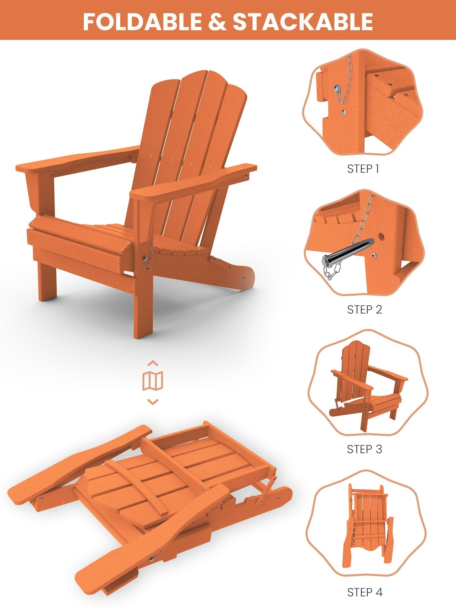 Folding Outdoor Patio Adirondack Plastic Chair for Garden, Orange