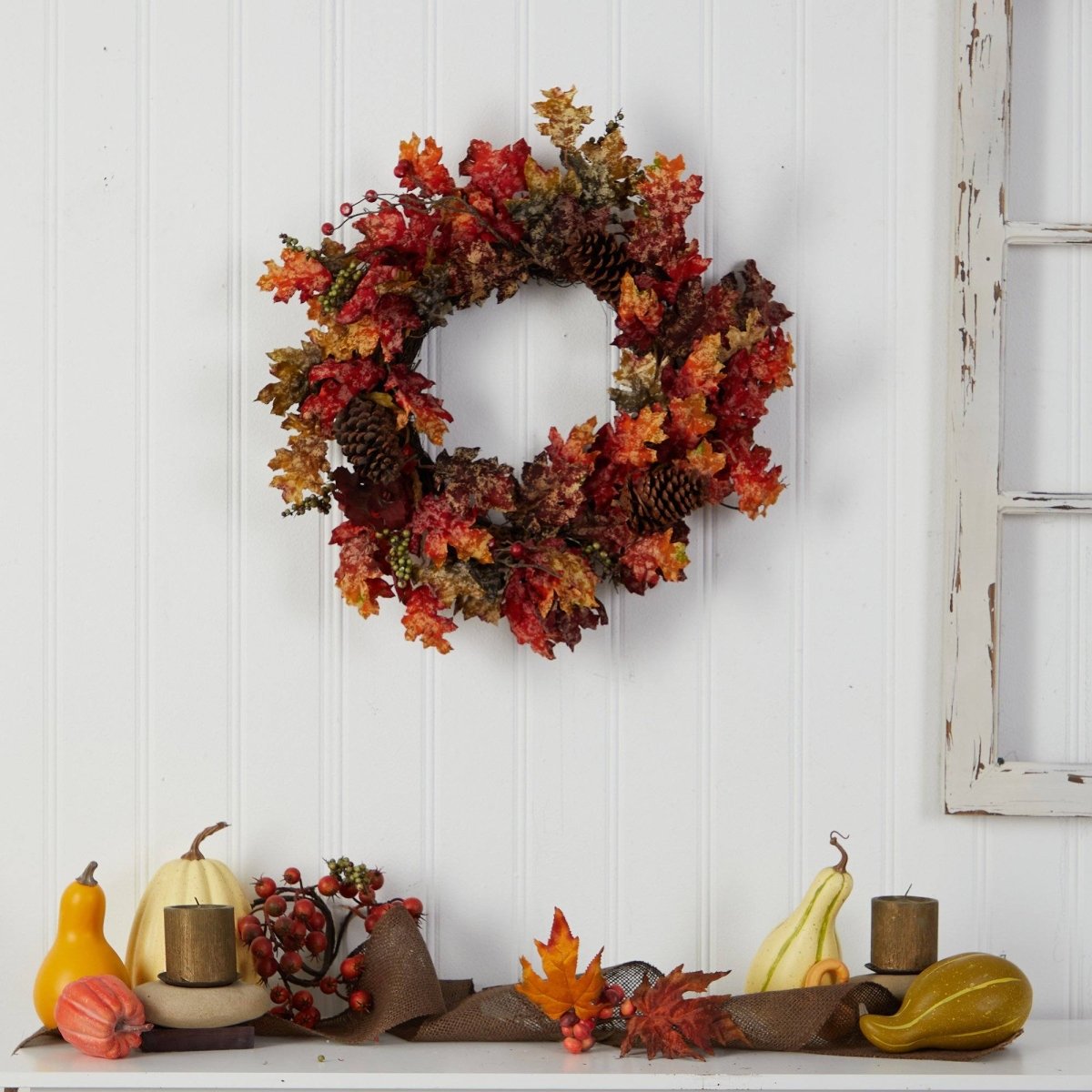 24'' Autumn Maple Artificial Fall Wreath with Berries & Pinecones