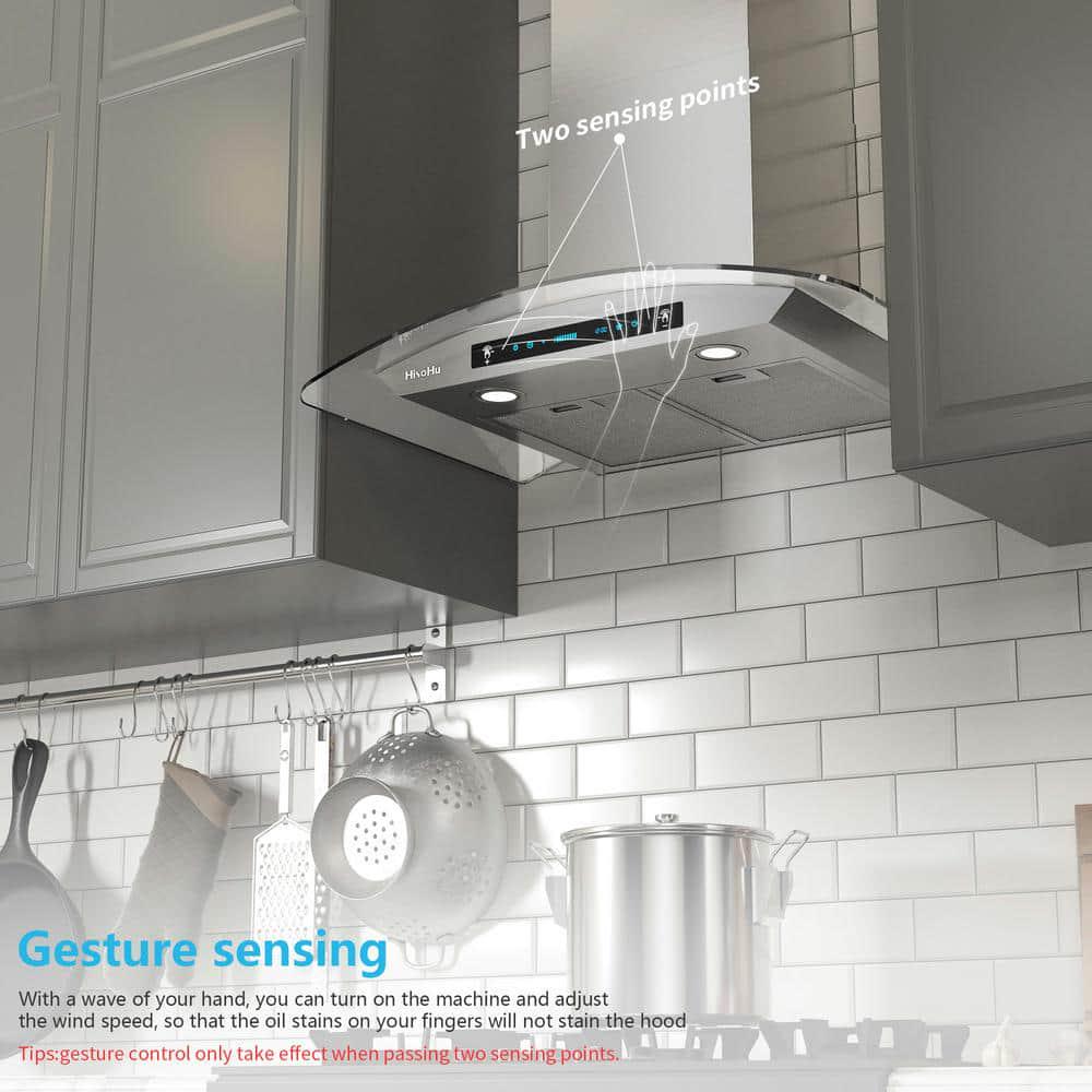 HisoHu 2952 in 780 CFM Ducted Wall Mount Range Hood in Stainless Steel and Glass With Gesture Sensing Control Function