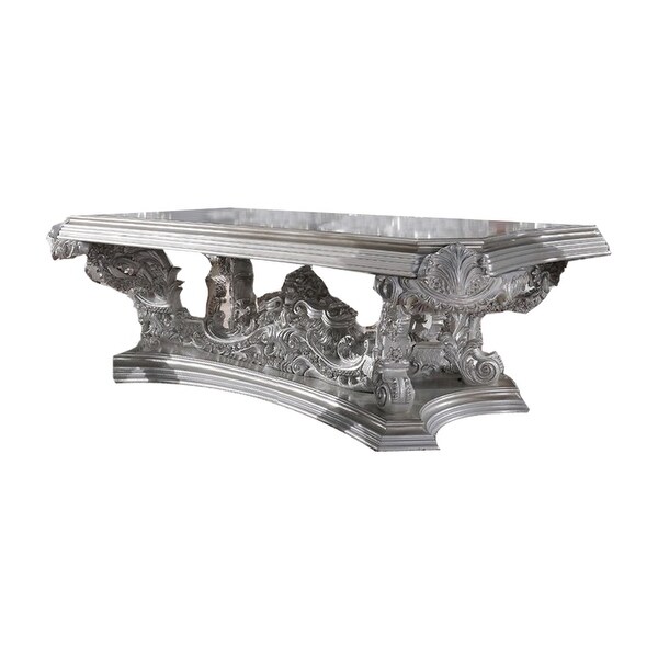 Dining Table with Intricate Scroll Floral Carvings， Gray