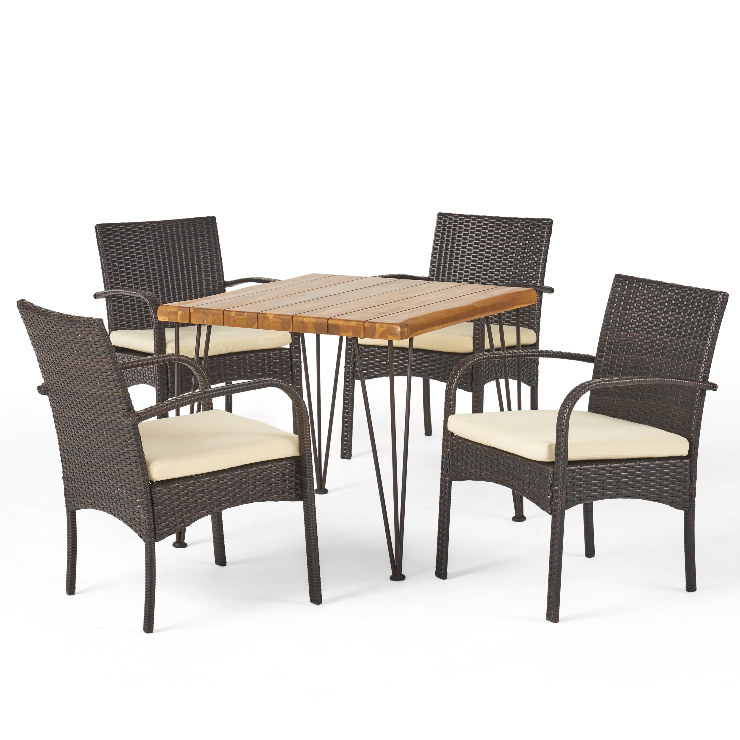 Brady Outdoor Industrial Wood and Wicker 5 Piece Square Dining Set, Teak and Multi Brown and Crème