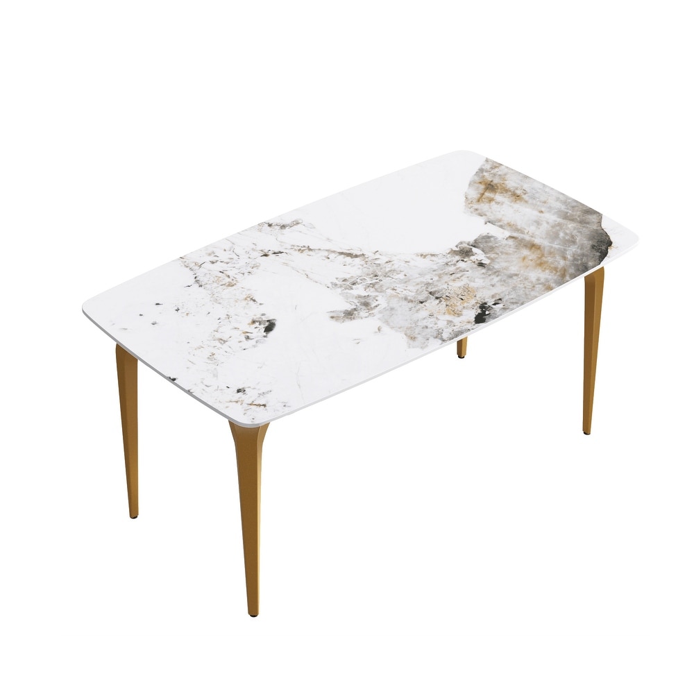 63 Inch White Artificial Stone and Metal Leg Dining Table for 6 People