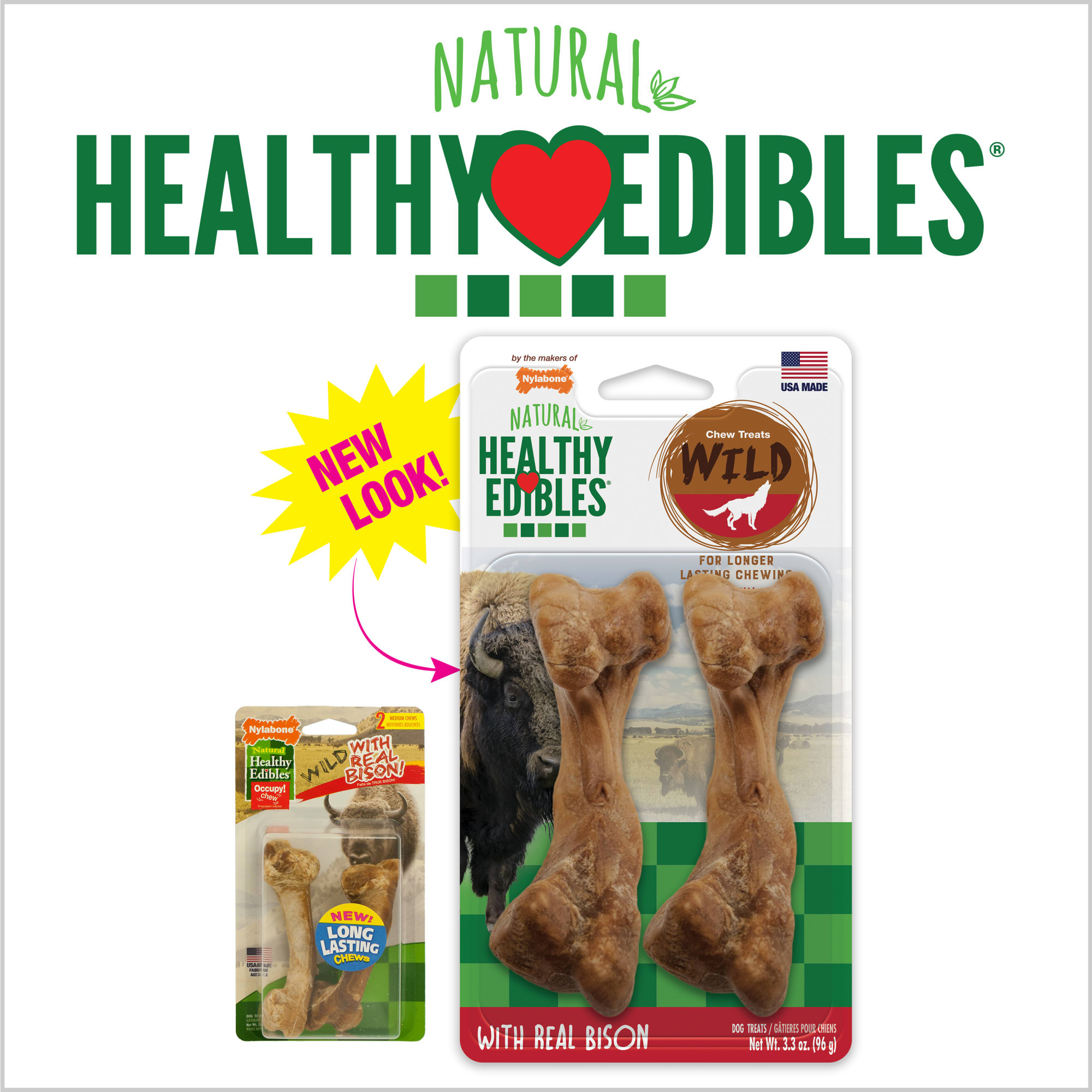 Nylabone Healthy Edibles Bison Flavored Dog Bone Chews， Medium， Count of 2