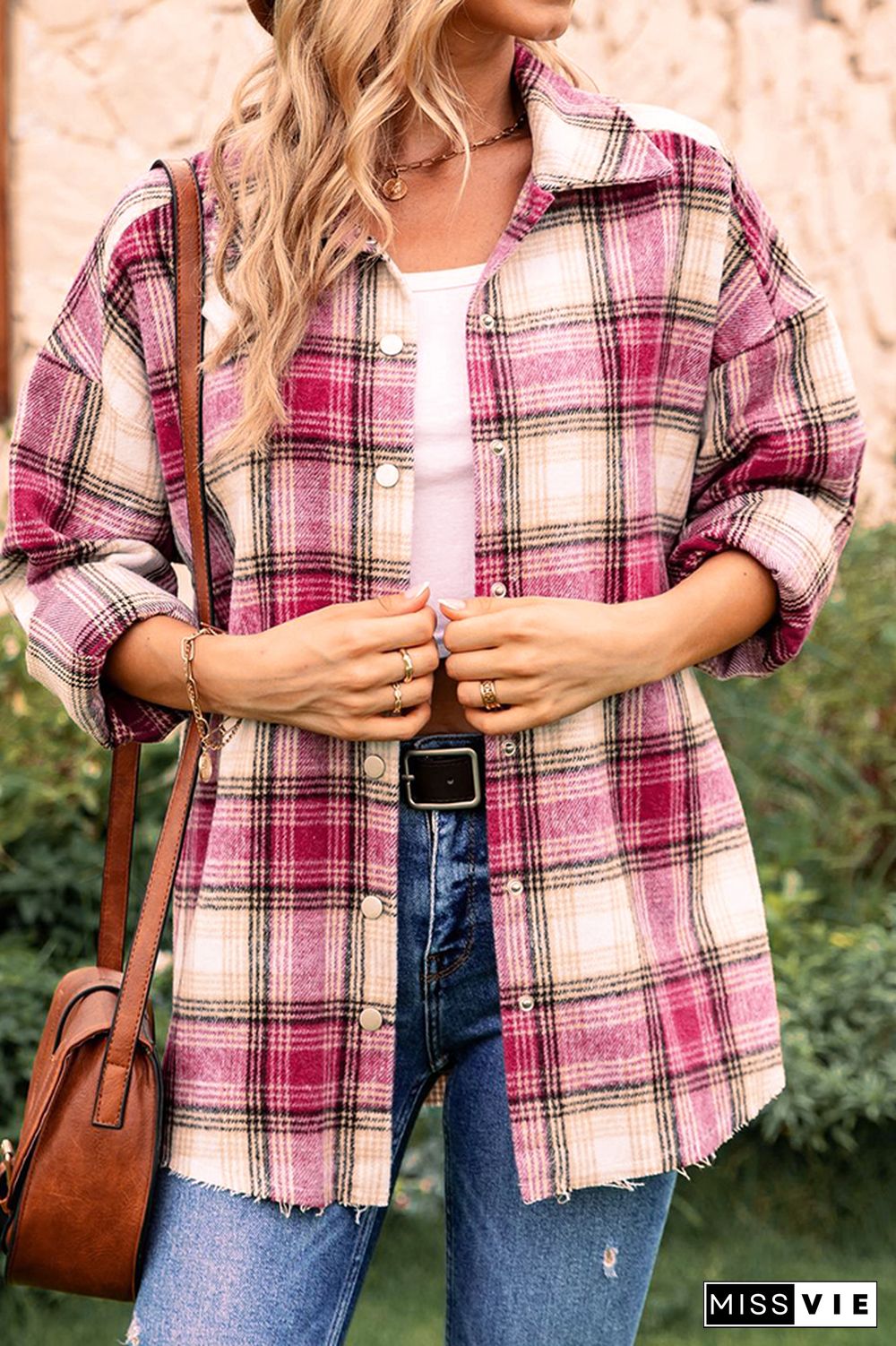 Plaid Front Open Button Raw Trim Jackets