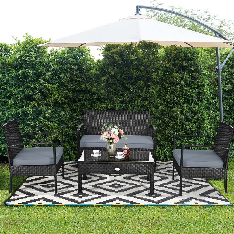 4 Pcs Wicker Patio Conversation Furniture Set Outdoor Rattan Sofa Set with Coffee Table & Washable Cushions