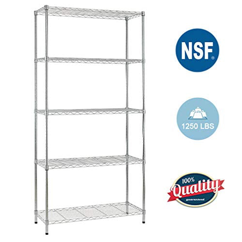 BestOffice 5 Shelf Wire Shelving Unit Height Adjustable Commercial Grade NSF Certification Utility Rolling Steel Layer Rack Organizer Kitchen, Silver