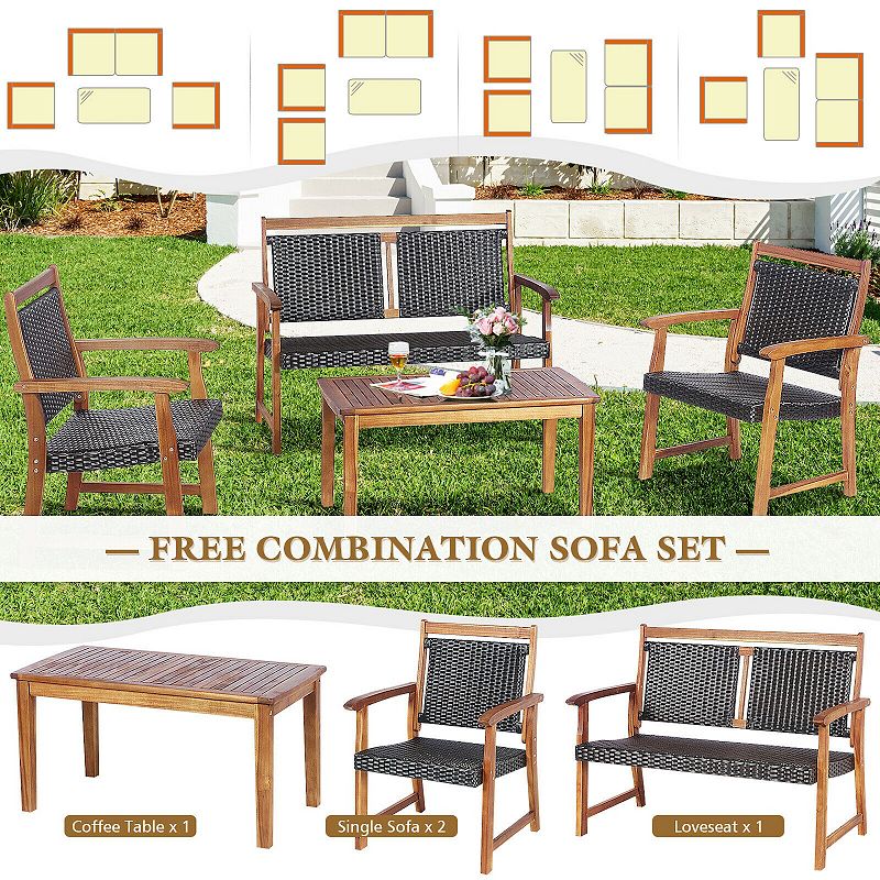 4 Pieces Outdoor Patio Rattan Furniture Sofa Set with Acacia Wood Frame