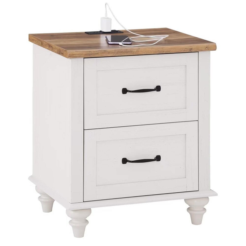 White Nightstand with Charging Station  2 Drawer End Table (Set of 2)