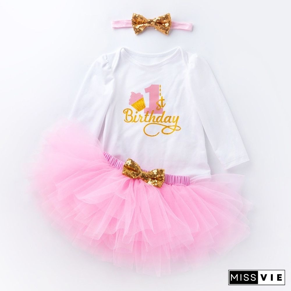 4 Style Baby Girl Princess One Year Old Birthday Christmas Dress 3 Pcs Set Romper + Skirt + Headband Long Sleeve Jumpsuit Autumn Winter Outfits Sets