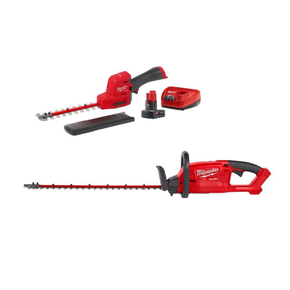 Milwaukee M12 FUEL 8 in 12V LithiumIon Brushless Cordless Hedge Trimmer Kit with M18 FUEL 24 in Hedge Trimmer