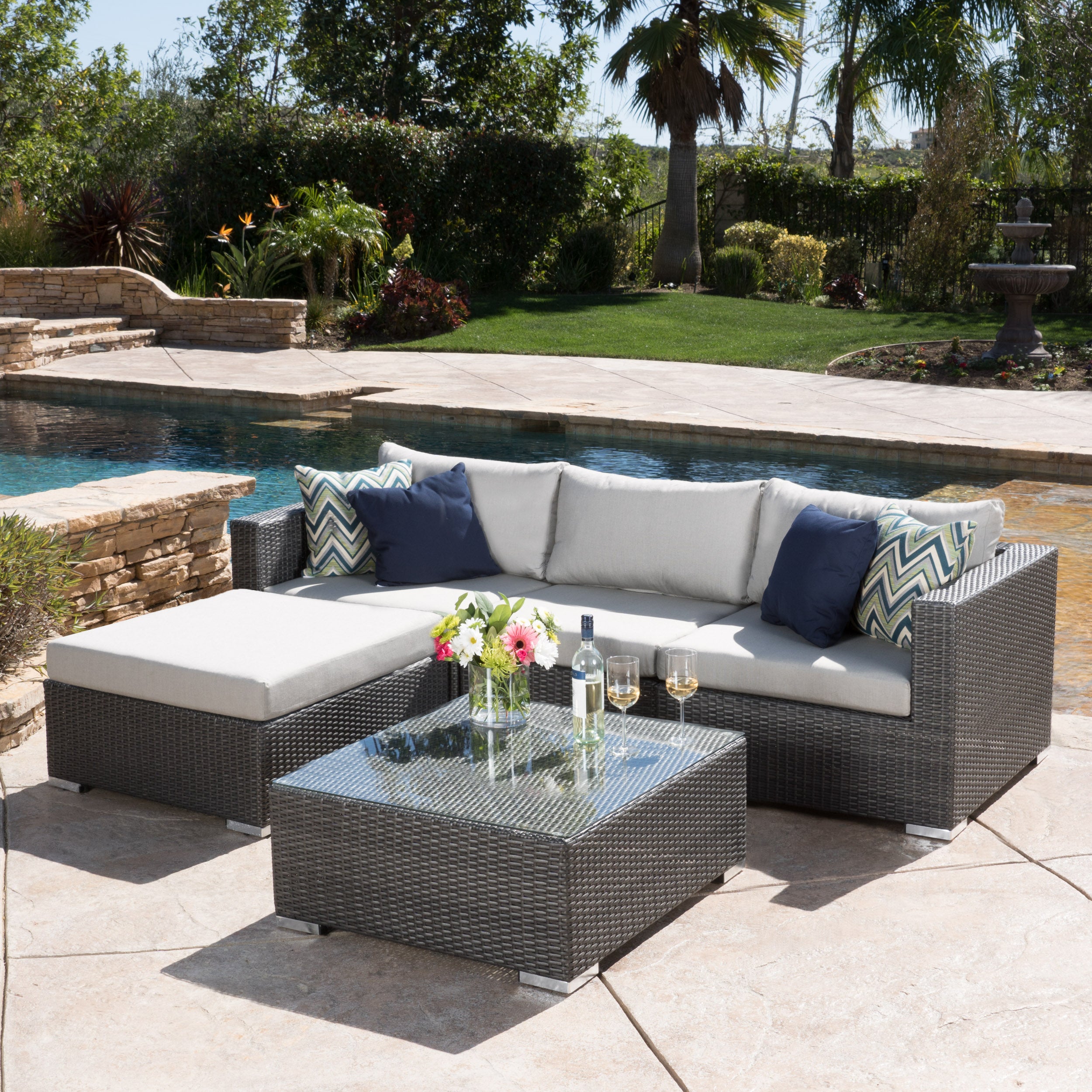 Francisco 5pc Outdoor Grey Wicker Seating Sectional Set w/ Cushions