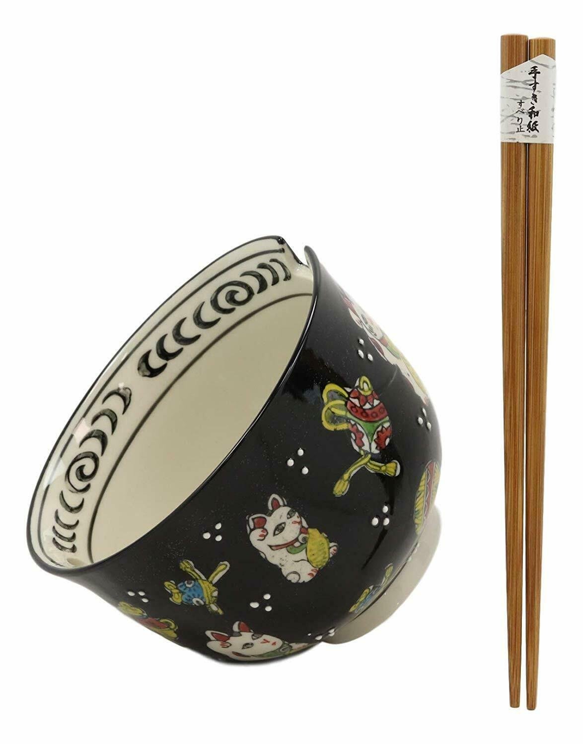 1 Lucky Cat Japanese Maneki Neko Black Porcelain Ramen Bowl With Chopsticks Set EBR02